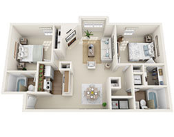 Floor plan for 2 beds, 2 baths, 885 sqft