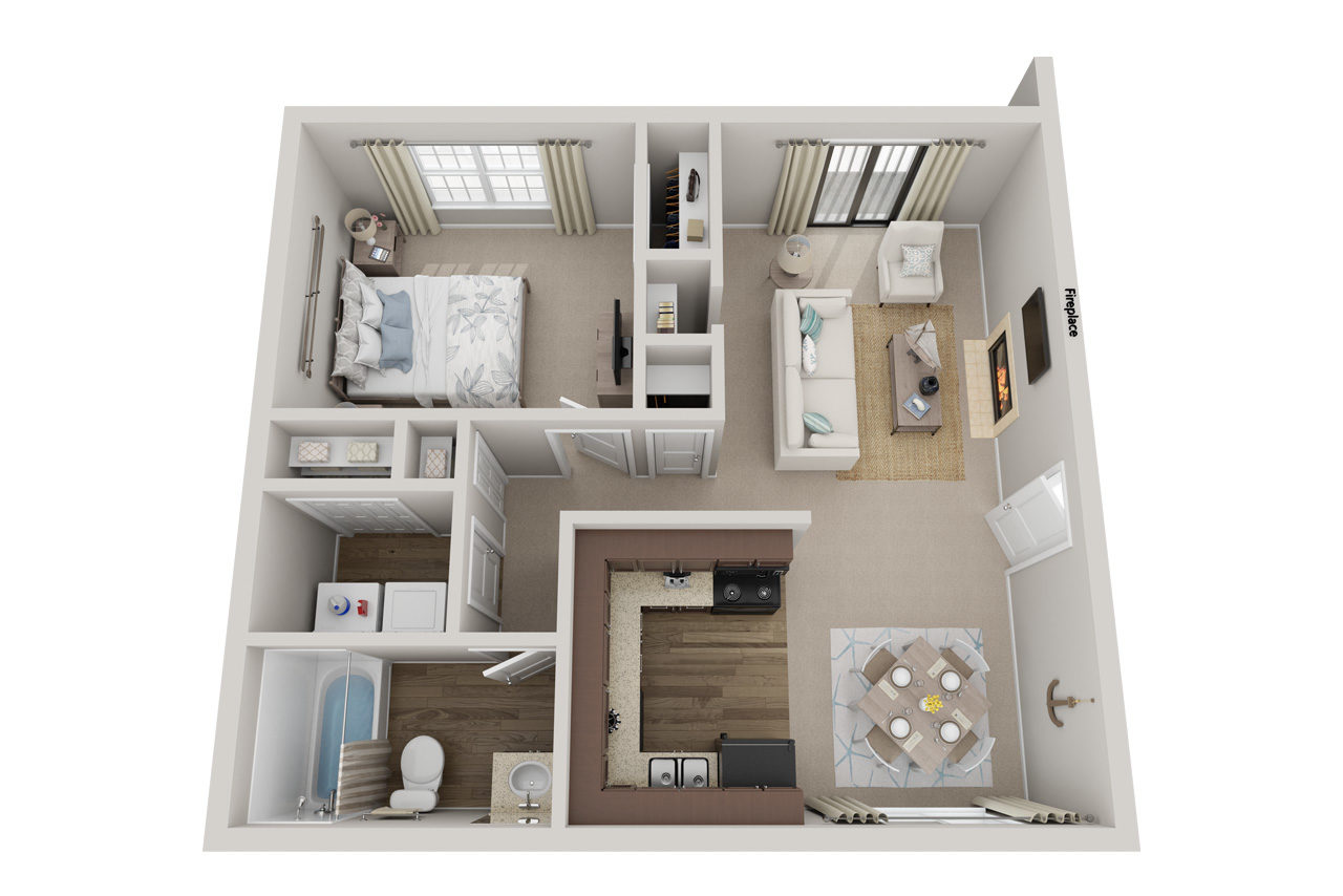 Floor plan for 1 bed, 1 bath, 1077 sqft