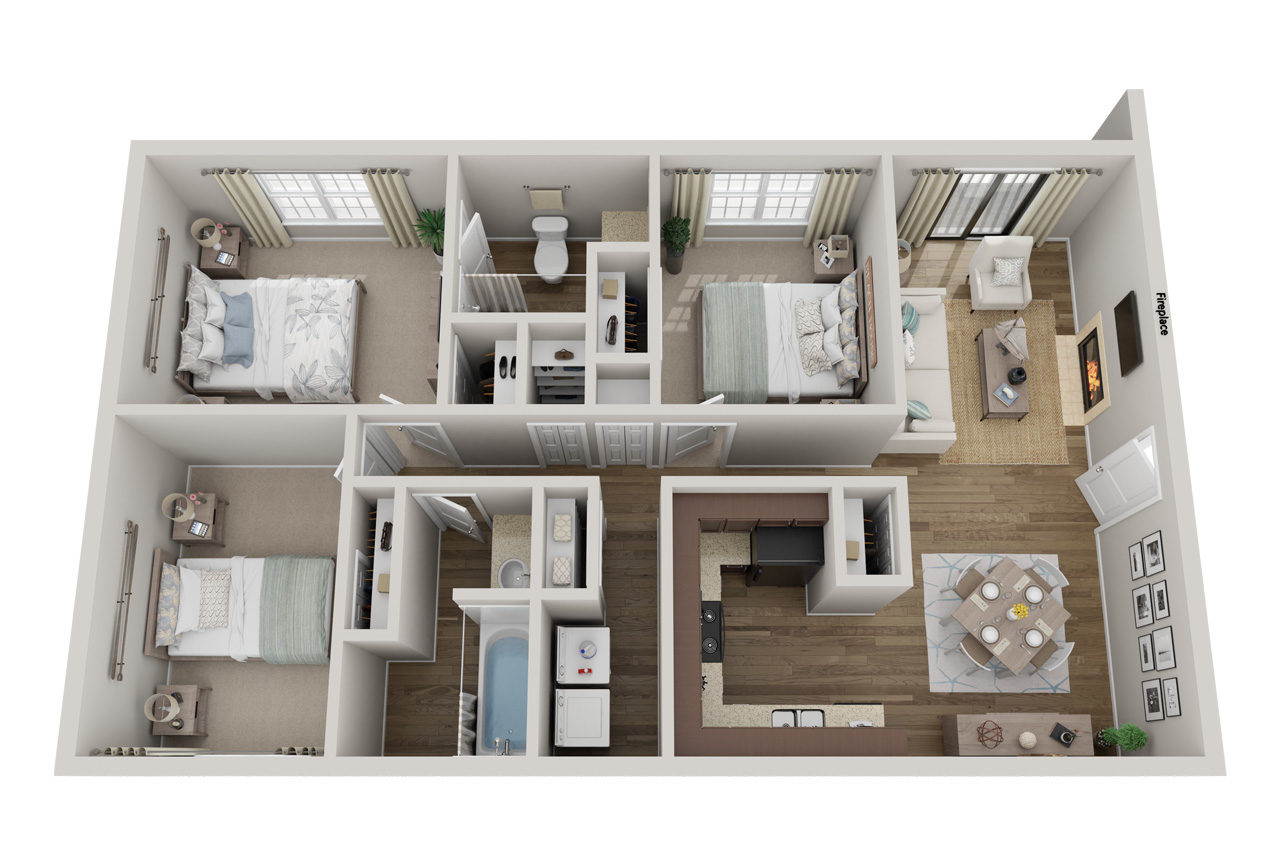 Floor plan for 3 beds, 2 baths, 1150 sqft