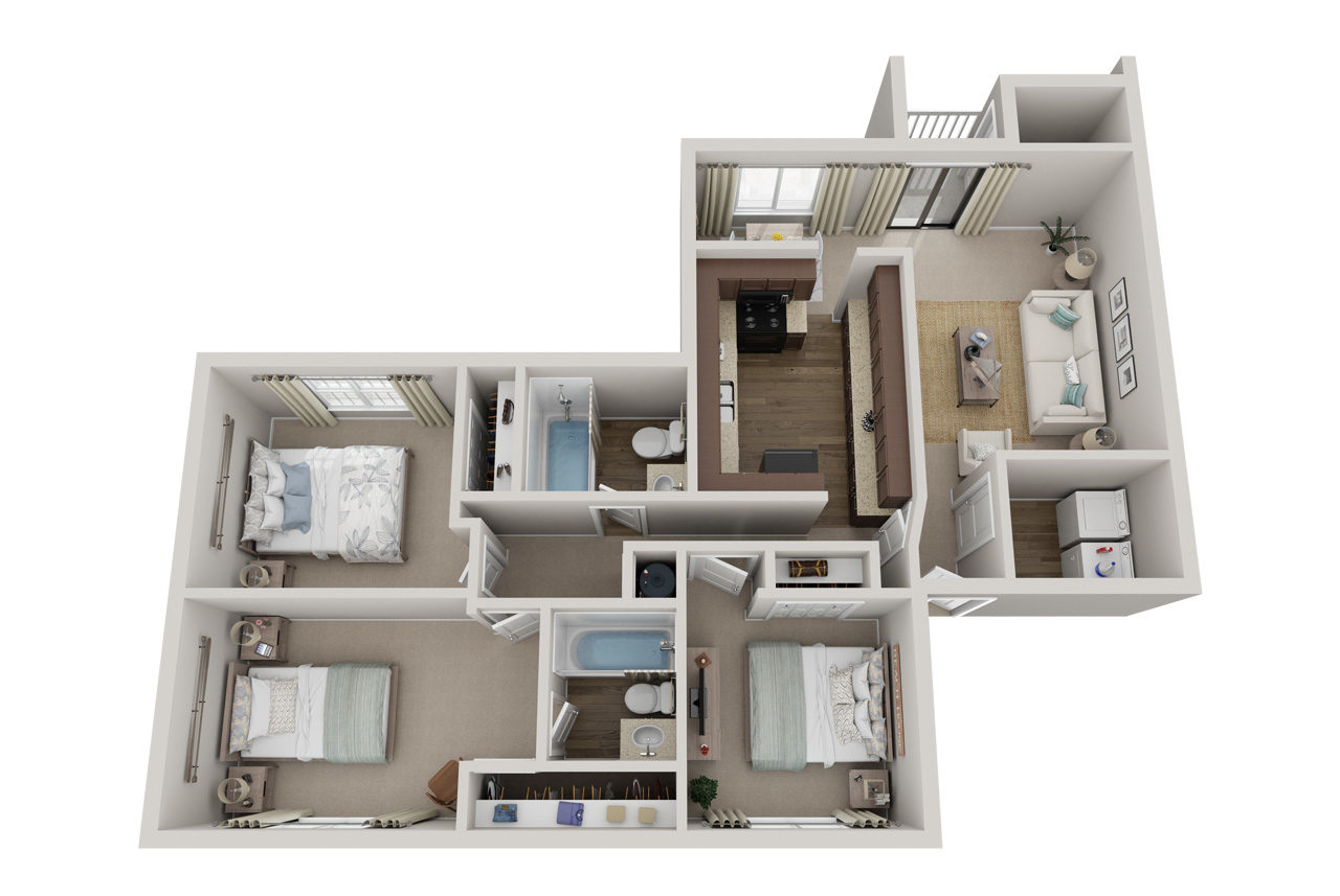 Floor plan for 3 beds, 2 baths, 1318 sqft