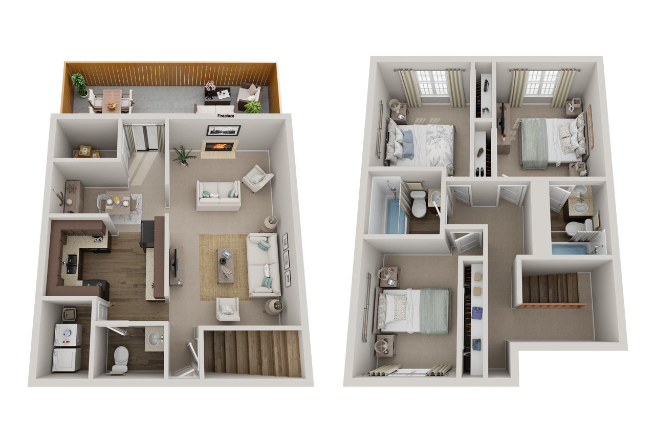 Floor plan for 3 beds, 2.5 baths, 1344 sqft