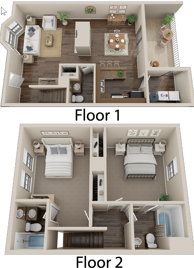 Floor plan for 2 beds, 2.5 baths, 1188 sqft
