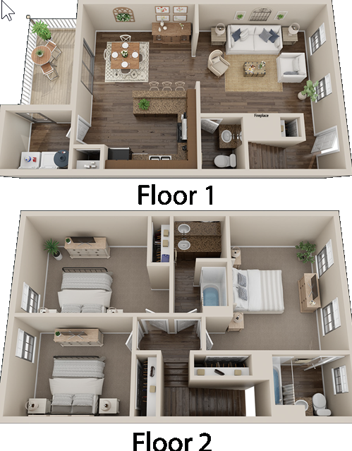 Floor plan for 3 beds, 2.5 baths, 1414 sqft