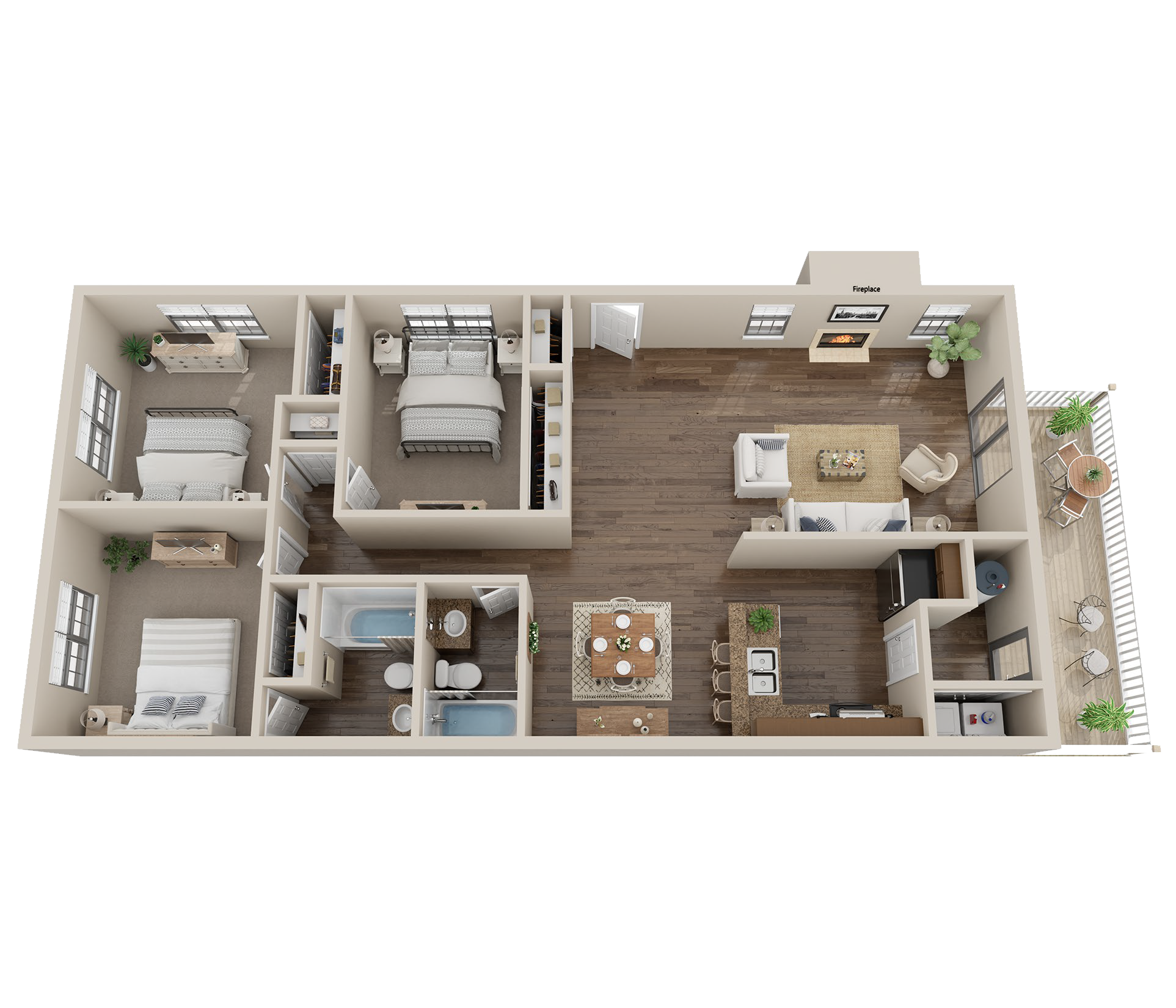 Floor plan for 3 beds, 2 baths, 1282 sqft