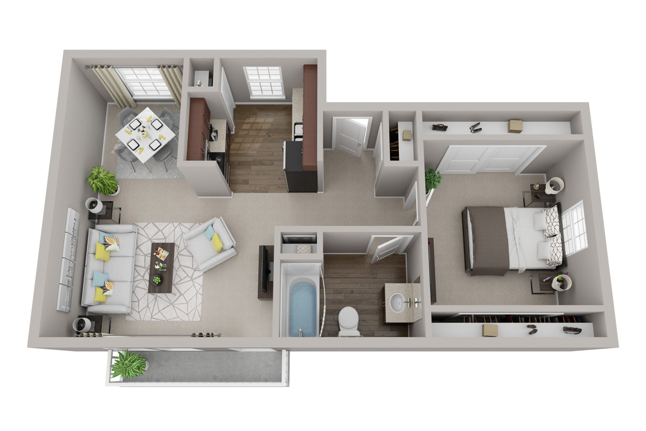 Floor plan for 1 bed, 1 bath, 716 sqft