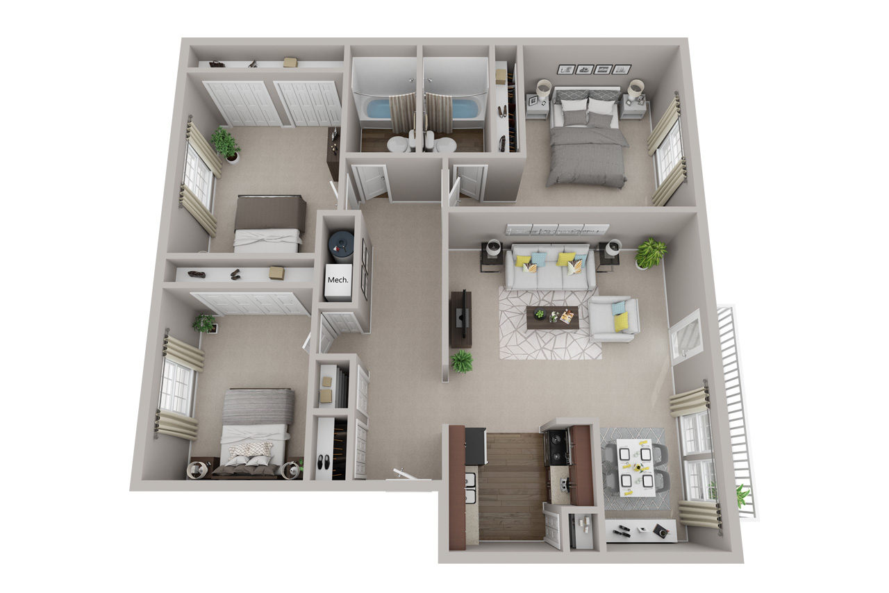 Floor plan for 3 beds, 2 baths, 1400 sqft