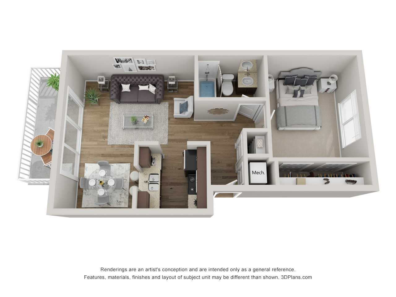Floor plan for 1 bed, 1 bath, 688 sqft