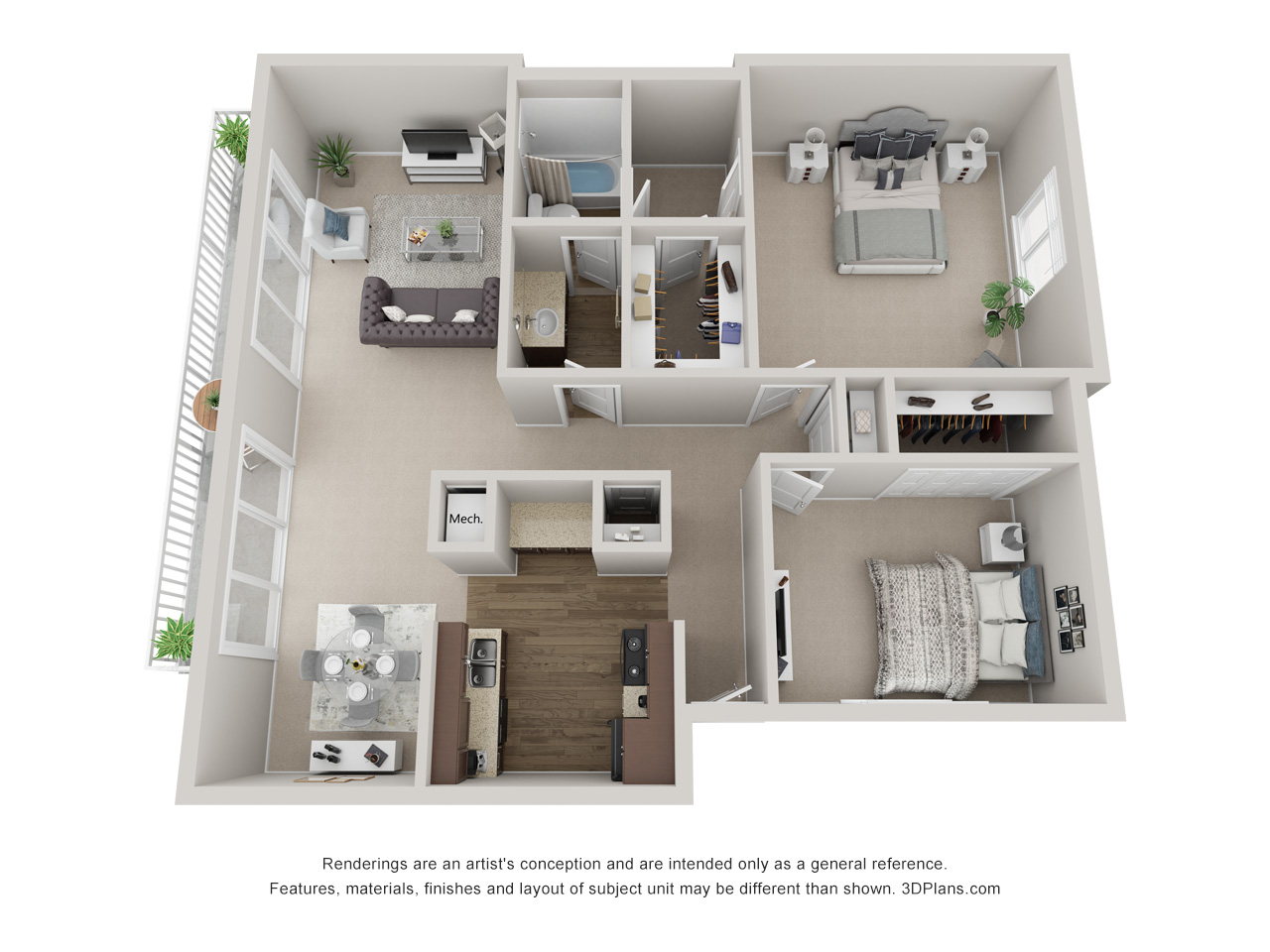 Floor plan for 2 beds, 1 bath, 963 sqft