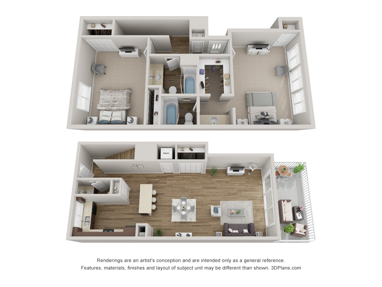 Floor plan for 2 beds, 2.5 baths, 1312 sqft