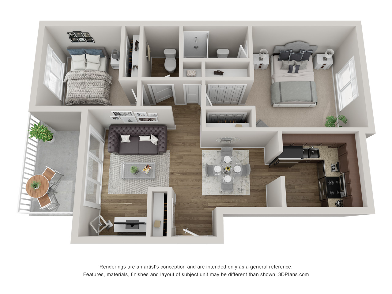 Floor plan for 2 beds, 2 baths, 1030 sqft
