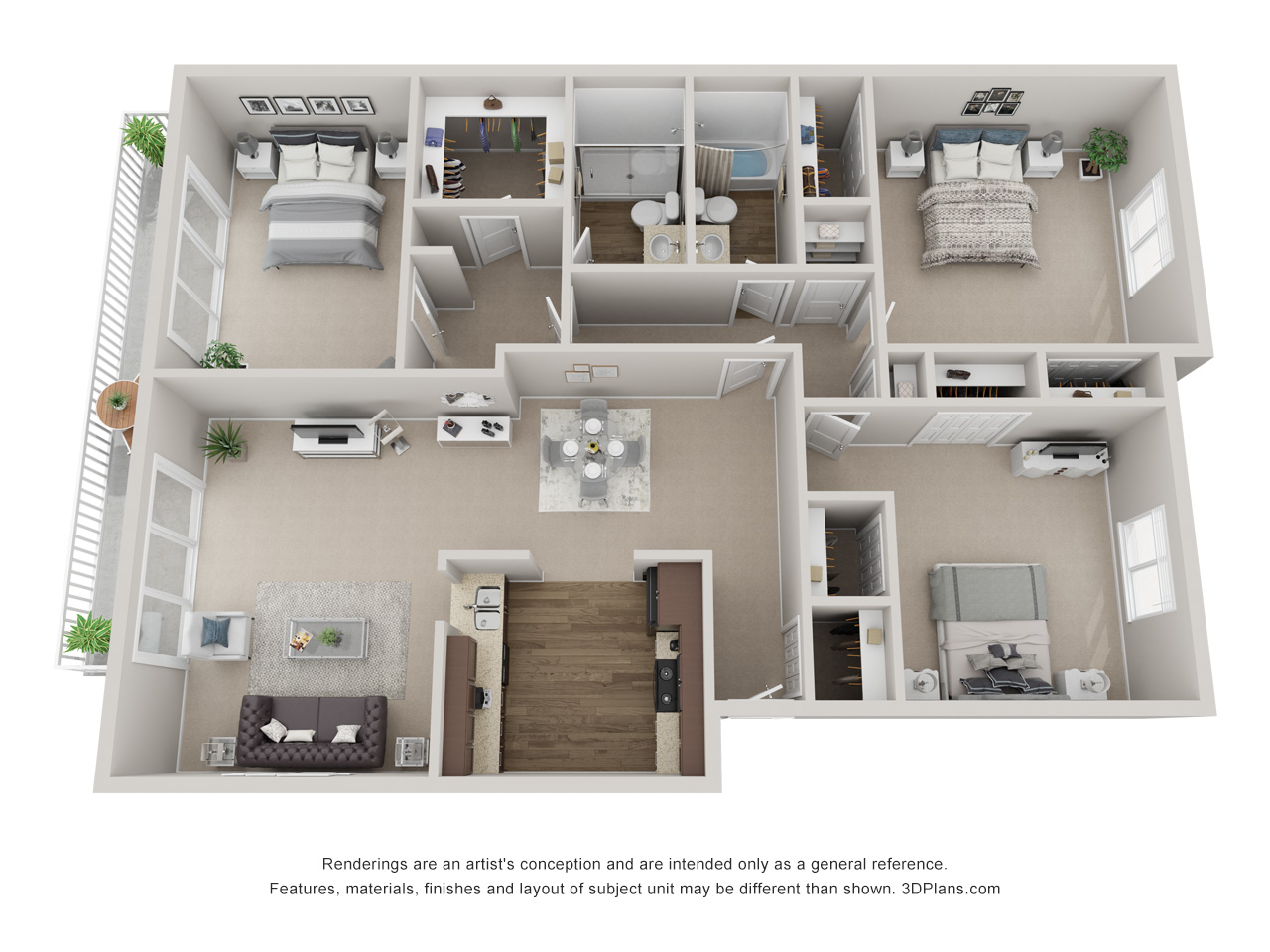 Floor plan for 3 beds, 2 baths, 1340 sqft