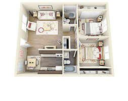 Floor plan for 2 beds, 2 baths, 866 sqft