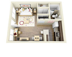 Floor plan for studio, 1 bath, 385 sqft