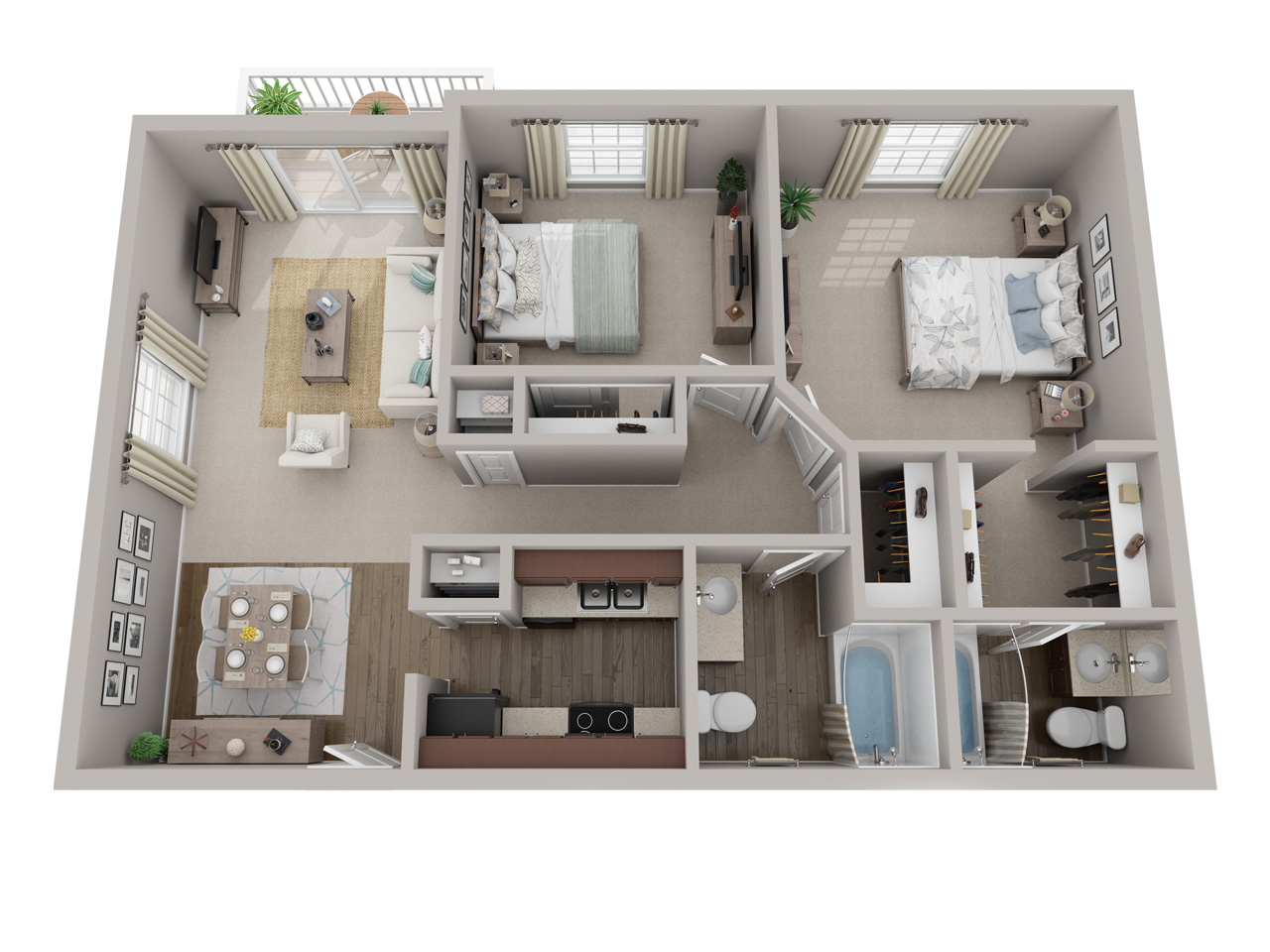 Floor plan for 2 beds, 2 baths, 1000 sqft