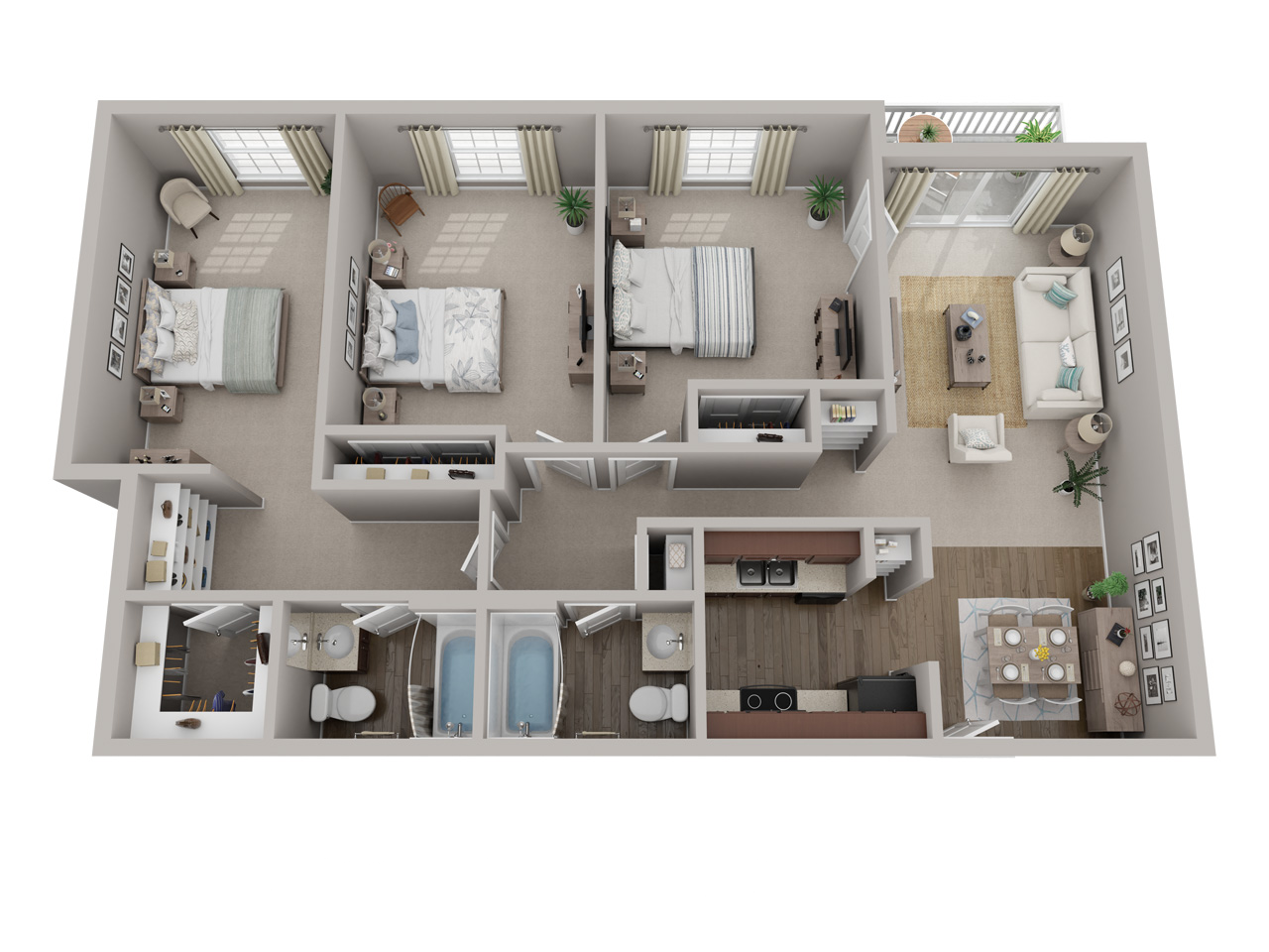 Floor plan for 3 beds, 2 baths, 1200 sqft