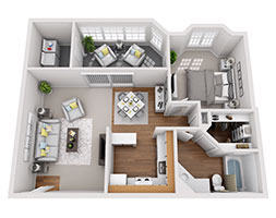 Floor plan for 1 bed, 1 bath, 769 sqft