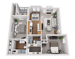 Floor plan for 2 beds, 2 baths, 908 sqft