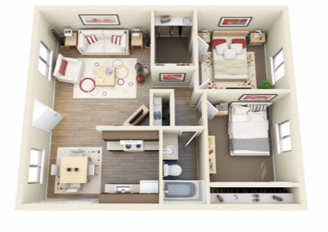 Floor plan for 2 beds, 1 bath, 812 sqft