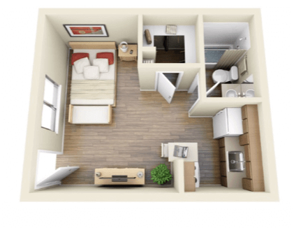 Floor plan for studio, 1 bath, 380 sqft