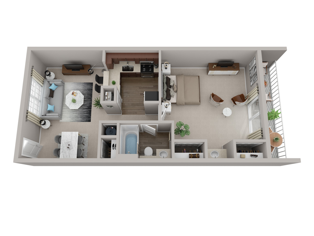 Floor plan for 1 bed, 1 bath, 728 sqft