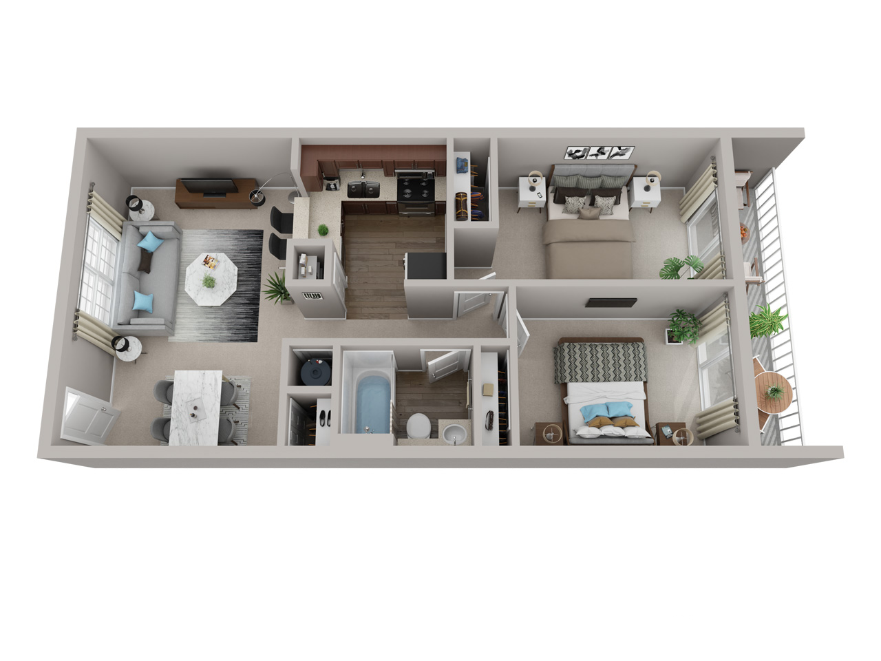 Floor plan for 2 beds, 1 bath, 735 sqft
