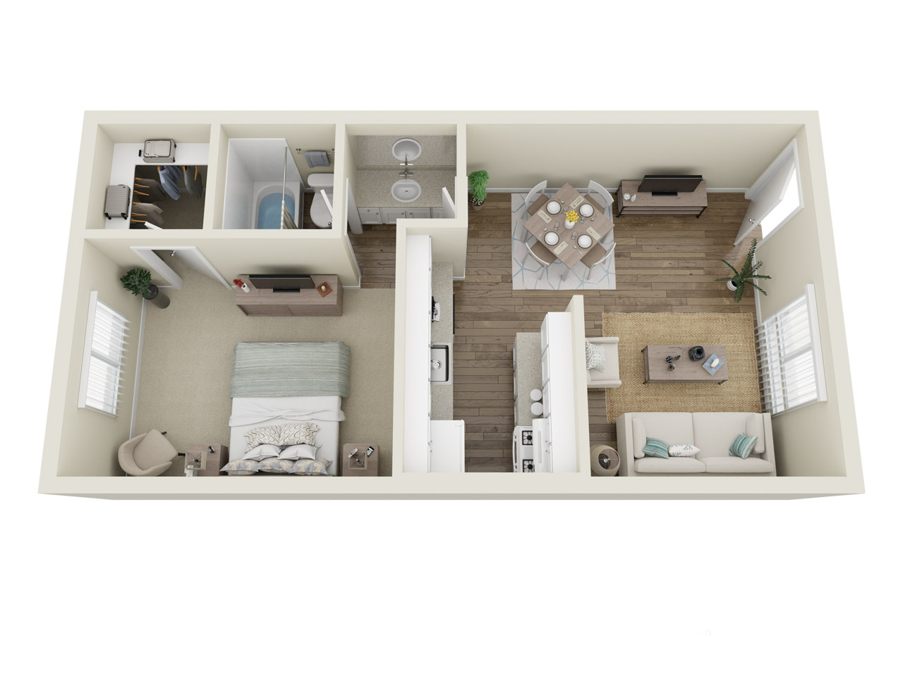Floor plan for 1 bed, 1 bath, 555 sqft