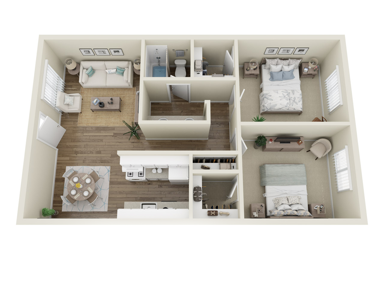 Floor plan for 2 beds, 1 bath, 740 sqft