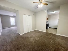 Louisville apartment for rent - an empty living room with carpet and a ceiling fan