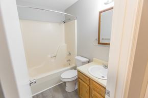 New Albany apartment for rent - a bathroom with a toilet sink and tub and a mirror