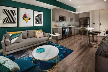 Living area with kitchen view