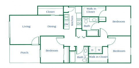 Floor plan for 3 beds, 2 baths, 1196 sqft