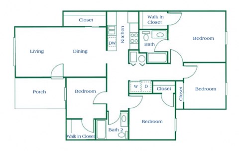 Floor plan for 4 beds, 2 baths, 1383 sqft