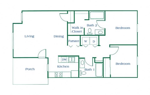 Floor plan for 2 beds, 1 bath, 936 sqft