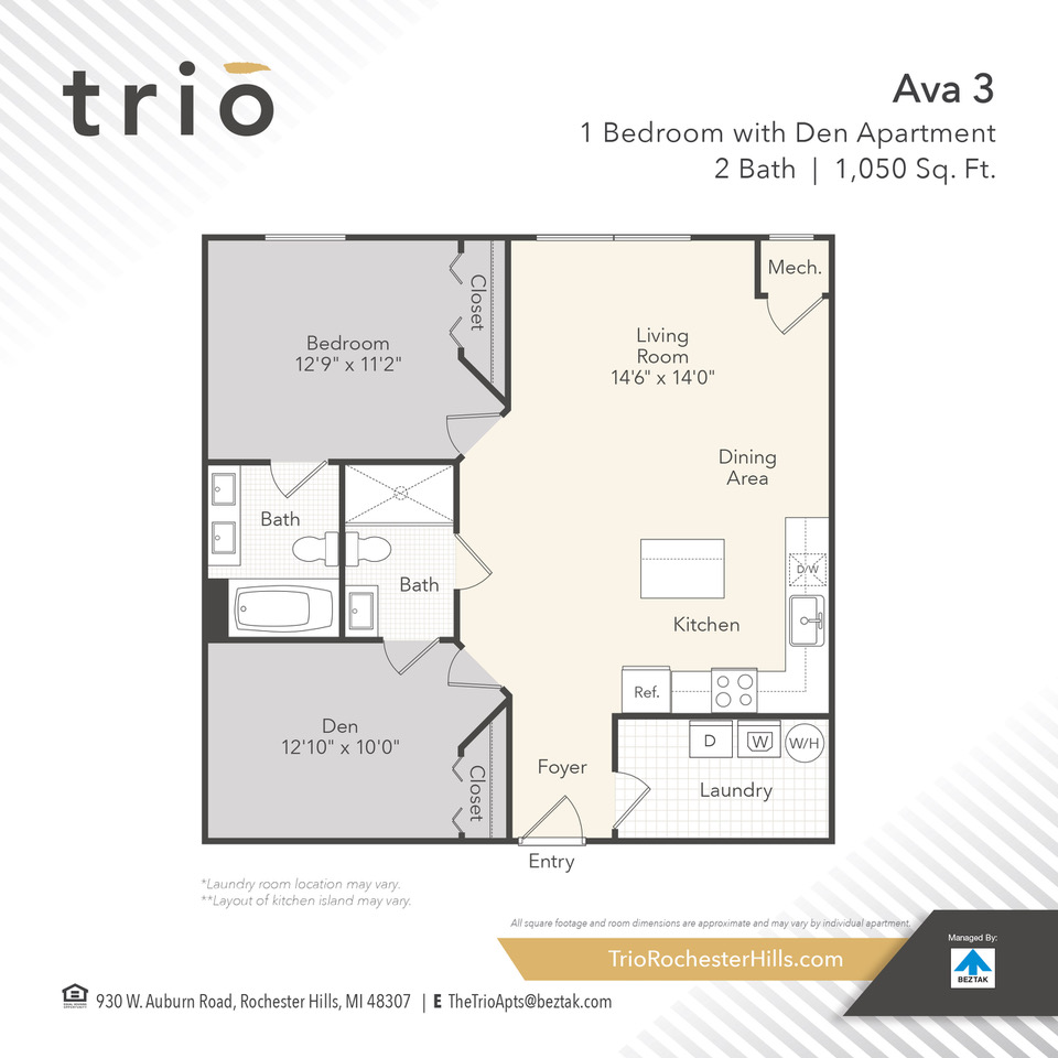 Floor plan for 1 bed, 2 baths, 1050 sqft