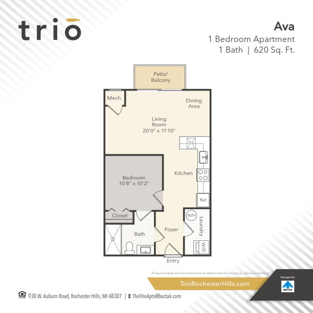 Floor plan for 1 bed, 1 bath, 620 sqft