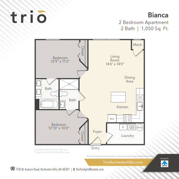 Floor plan for 2 beds, 2 baths, 1050 sqft