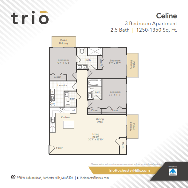 Floor plan for 3 beds, 2.5 baths, 1250 sqft