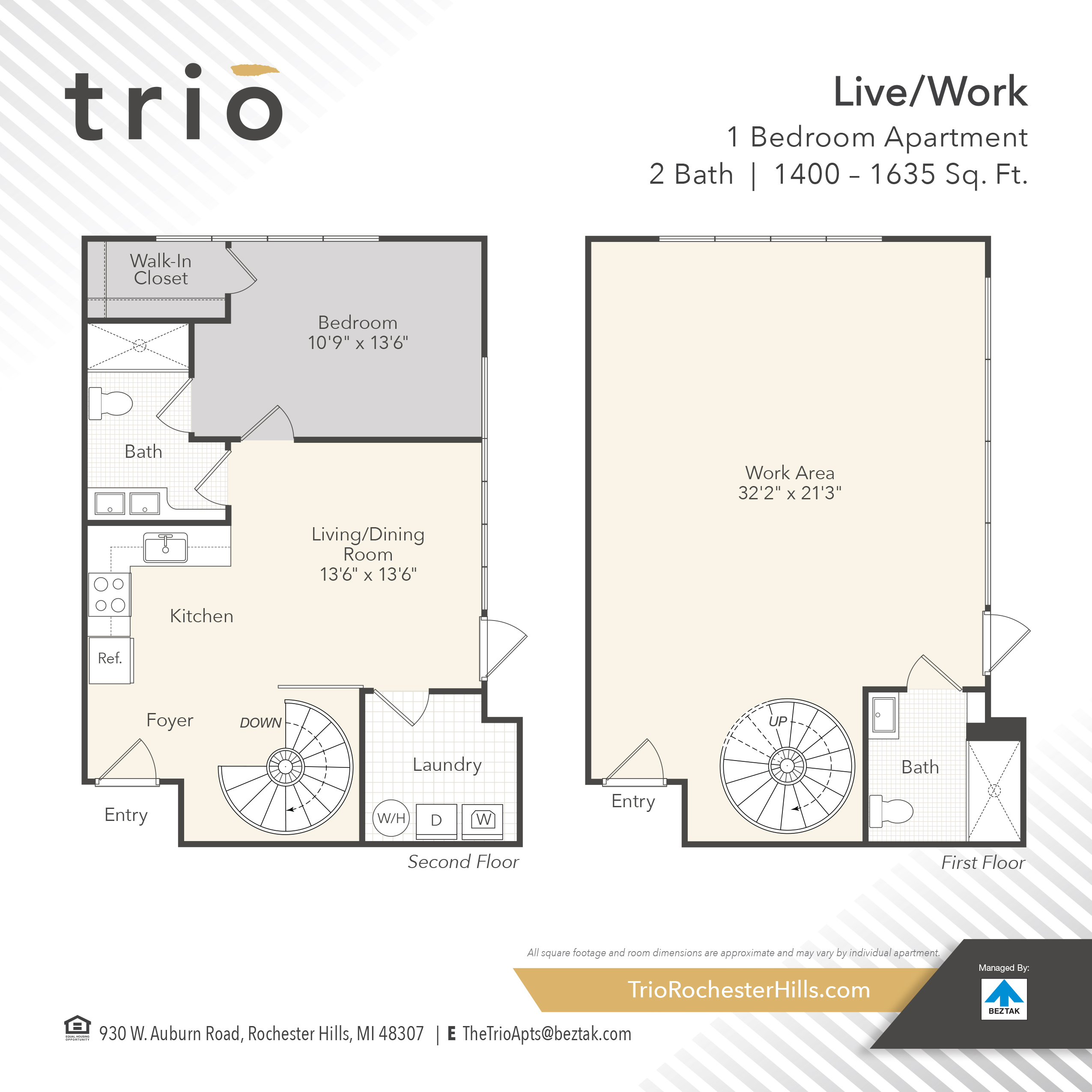 Floor plan for 1 bed, 2 baths, 1400 sqft