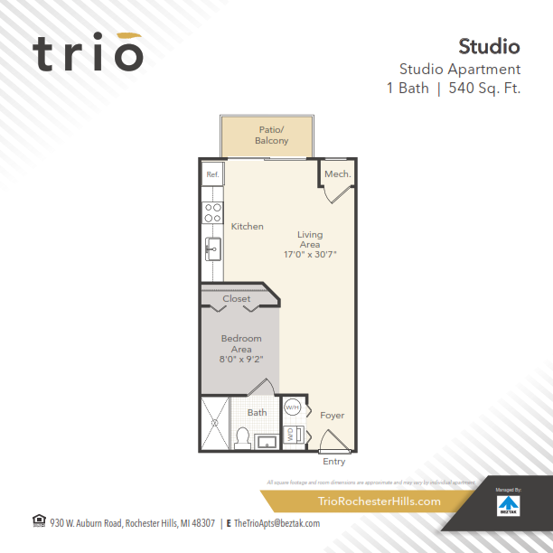 Floor plan for studio, 1 bath, 540 sqft