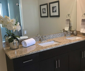 Palo Alto apartment for rent - a bathroom with two sinks and a mirror