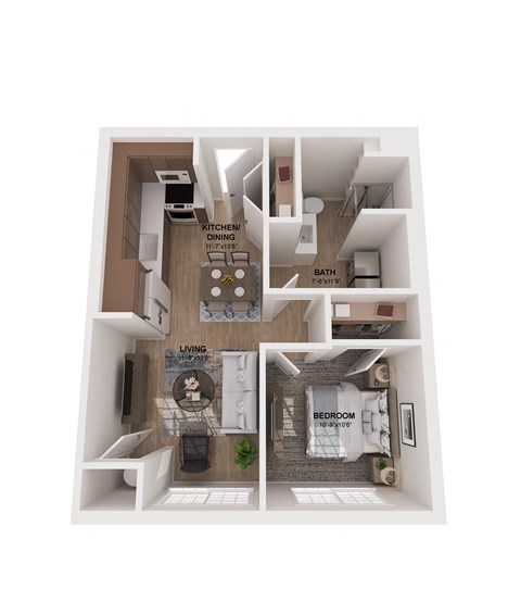 Floor plan for 1 bed, 1 bath, 670 sqft