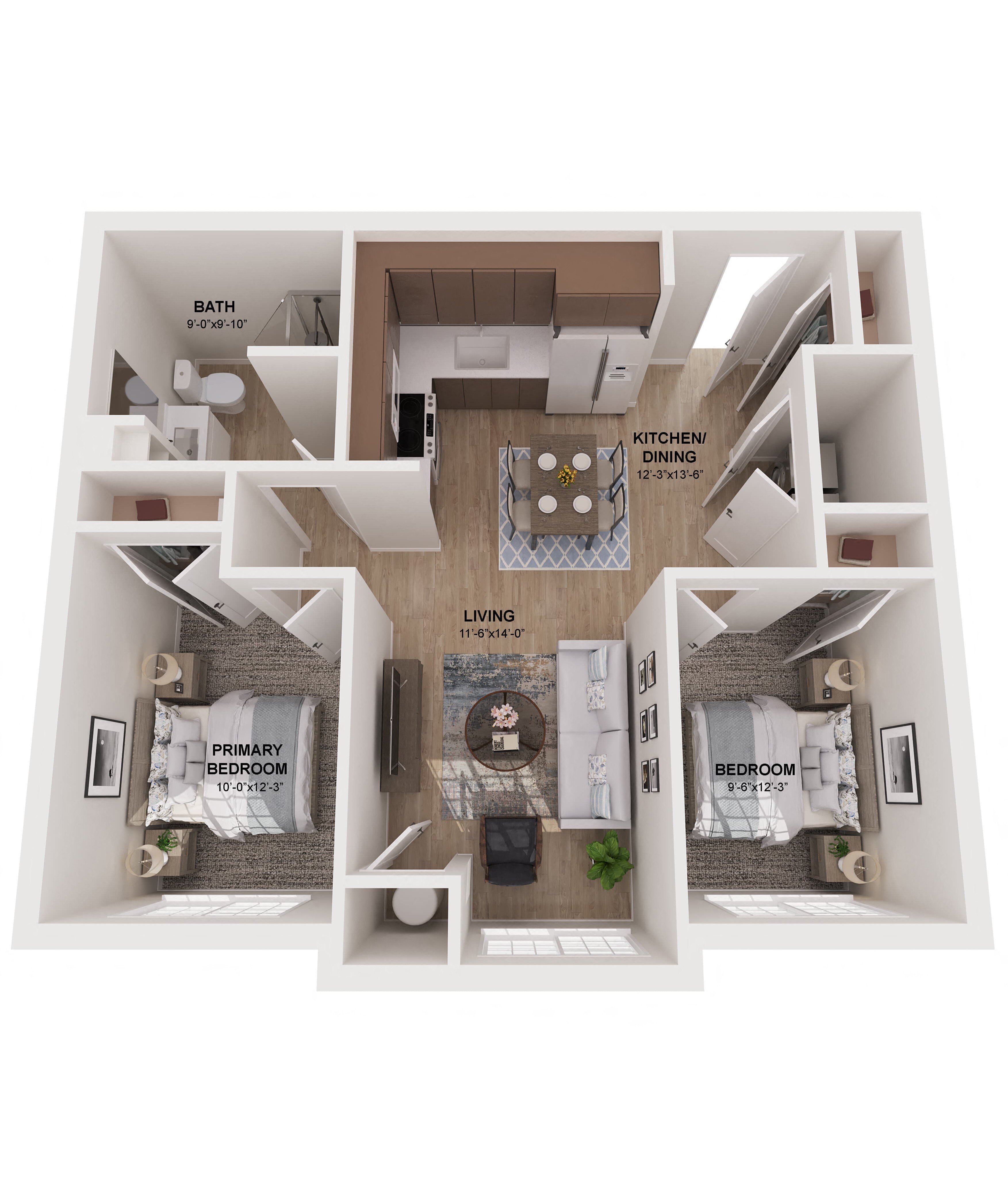 Floor plan for 2 beds, 1 bath, 919 sqft