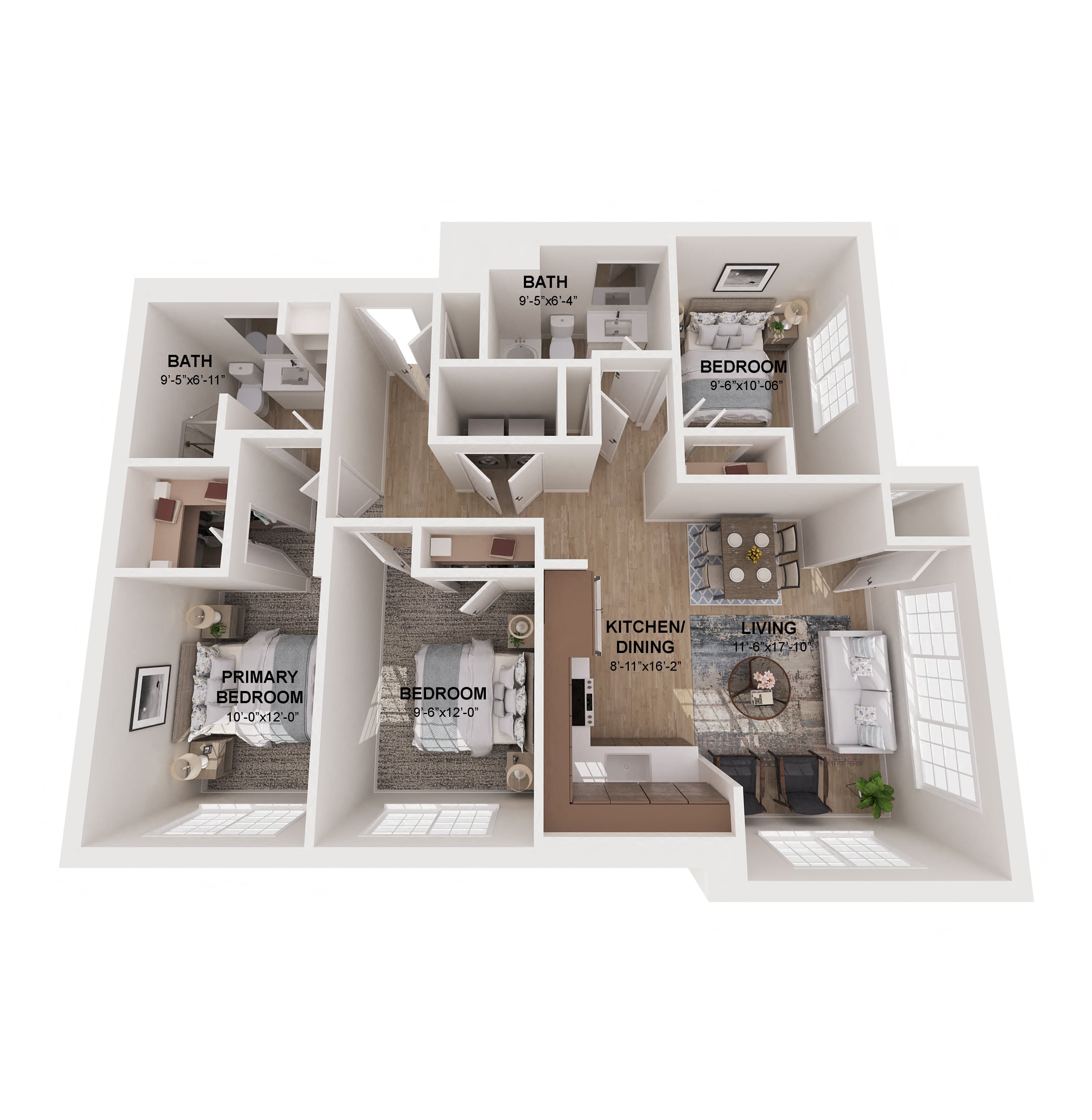 Floor plan for 3 beds, 2 baths, 1215 sqft
