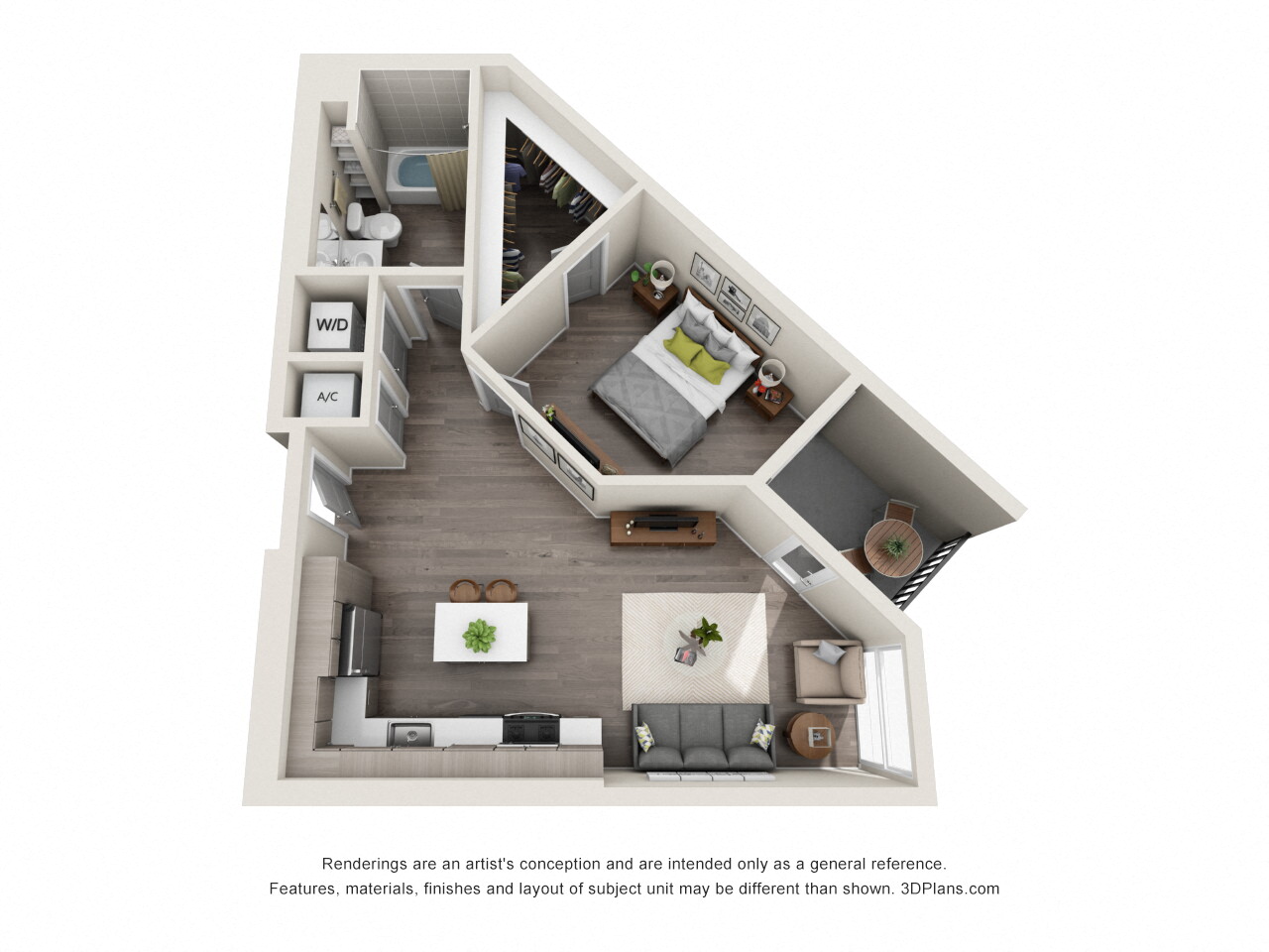 Floor plan for 1 bed, 1 bath, 687 sqft