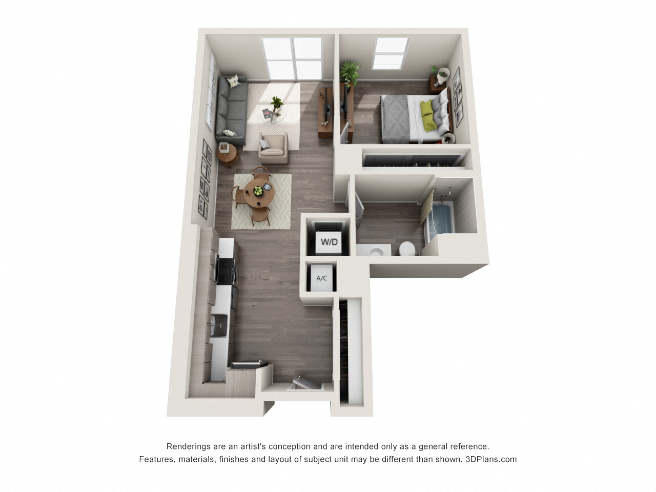 Floor plan for 1 bed, 1 bath, 725 sqft