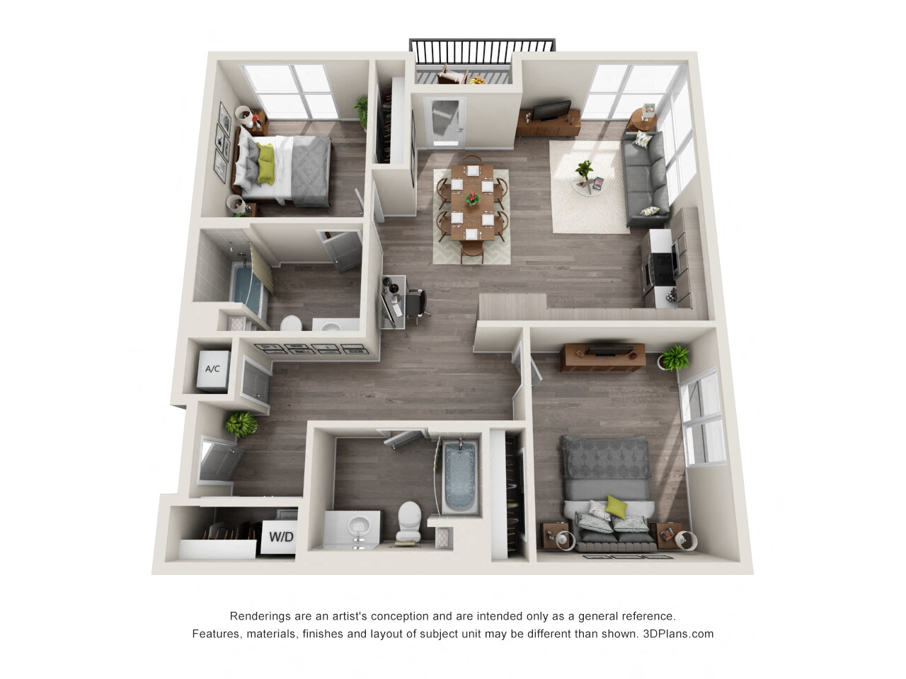 Floor plan for 2 beds, 2 baths, 1090 sqft