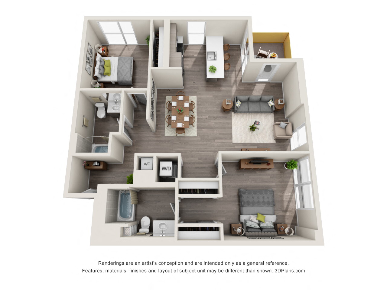 Floor plan for 2 beds, 2 baths, 1241 sqft