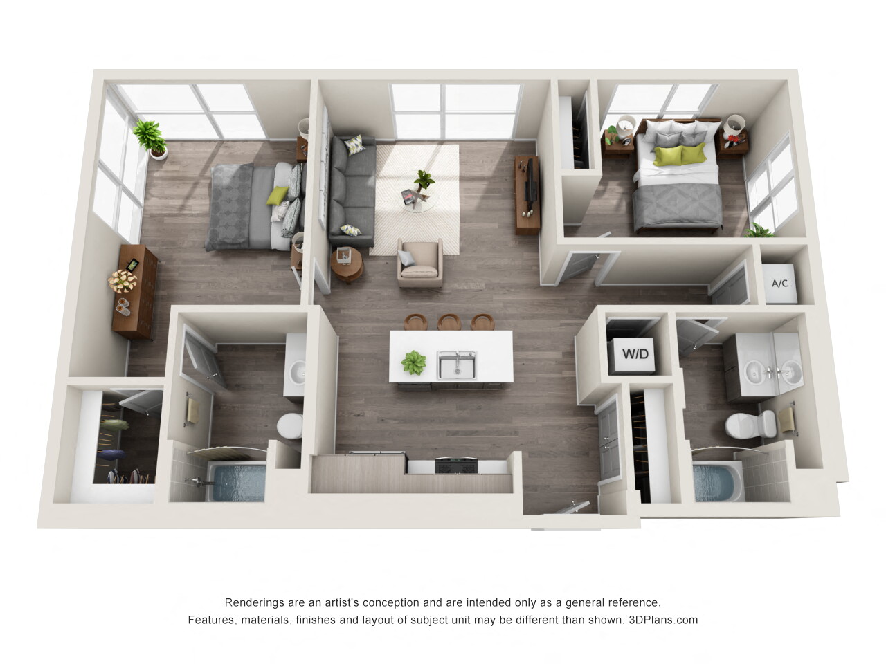 Floor plan for 2 beds, 2 baths, 1036 sqft