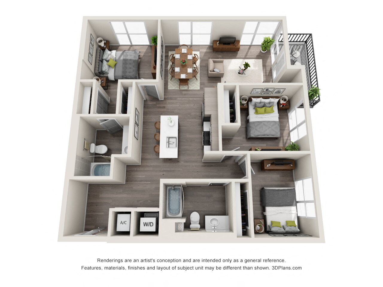 Floor plan for 3 beds, 2 baths, 1301 sqft