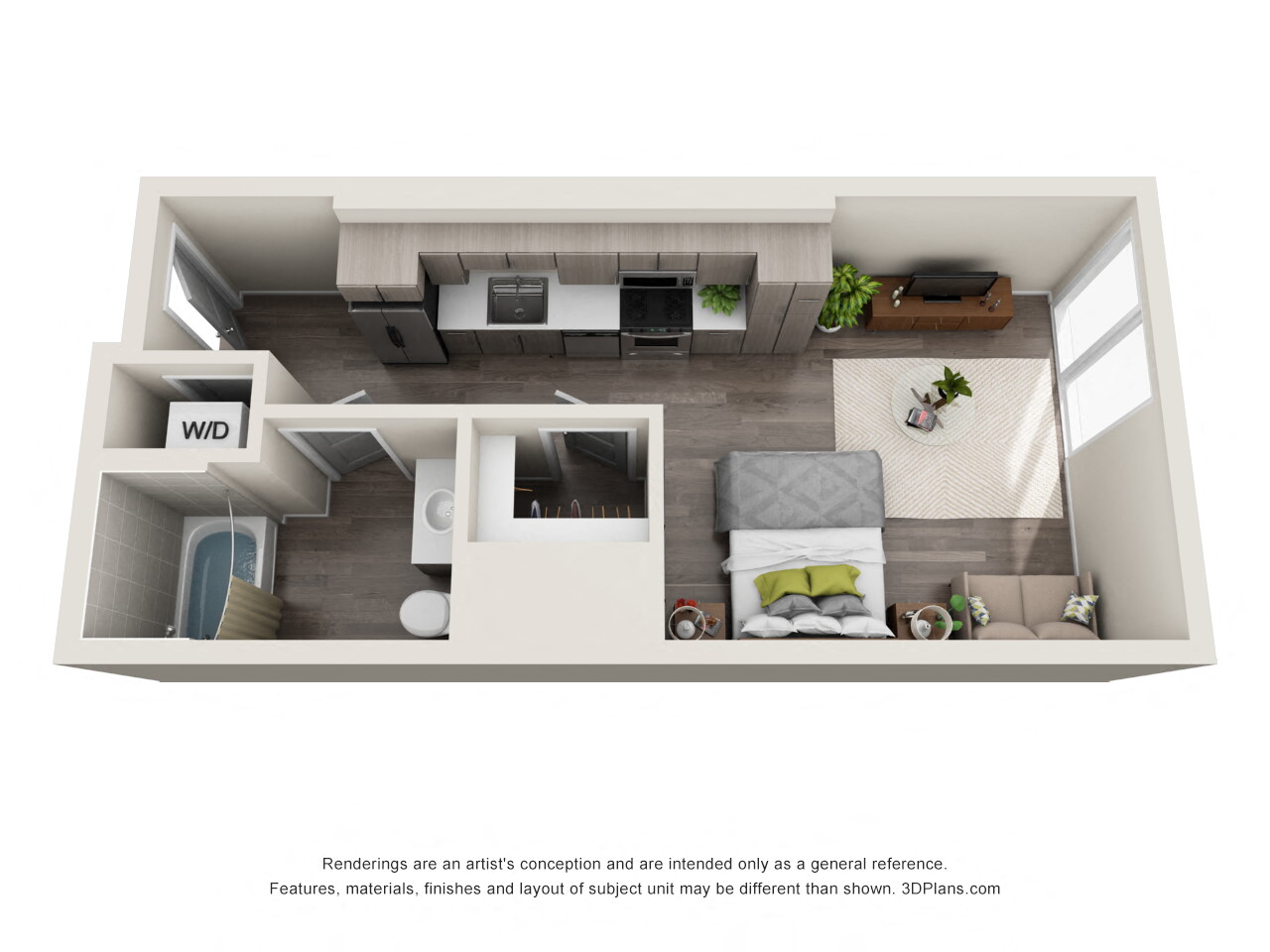 Floor plan for studio, 1 bath, 587 sqft